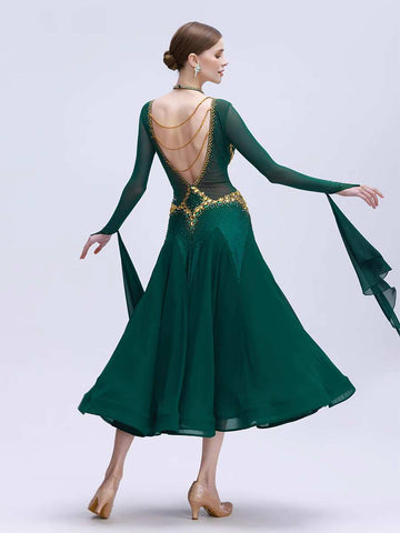 Custom Size Dark Green Competition Ballroom Dance Dresses for Women Girls Gold Rhinestones Float Sleeves Waltz Tango Dance Gown