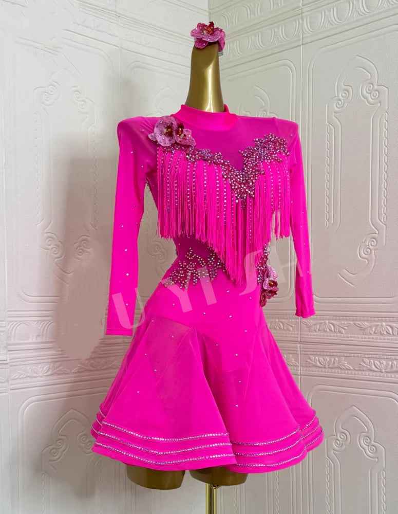 Custom Size Hot Pink Fringe Latin Dance Dress Salsa Ballroom Perform Costumes