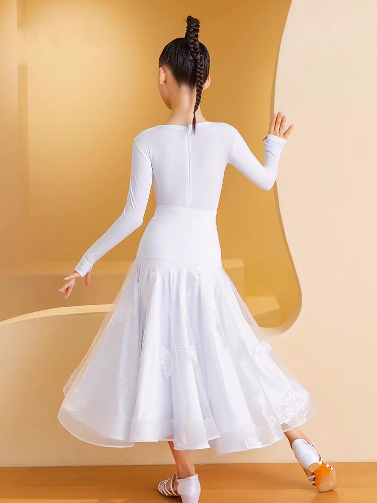 Academic white girls kids national ballroom dance dreses feather waltz tango competition long swing skirts for Children - Moderndancedress.com