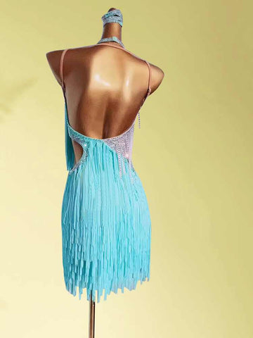Custom Size Turquoise Blue Competition Latin Dance Dresses for Women Girls Crystal Fringe Salsa Rumba Chacha Dancewear