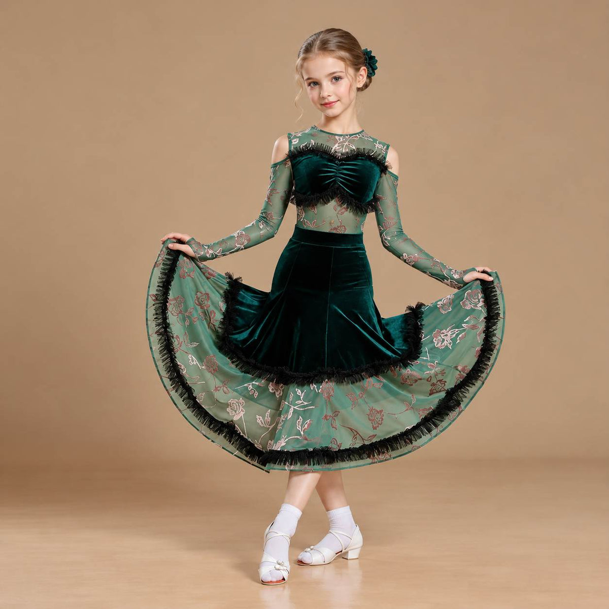 Girls Dark Green Velvet Ballroom Dance Dress - Floral Mesh Costume