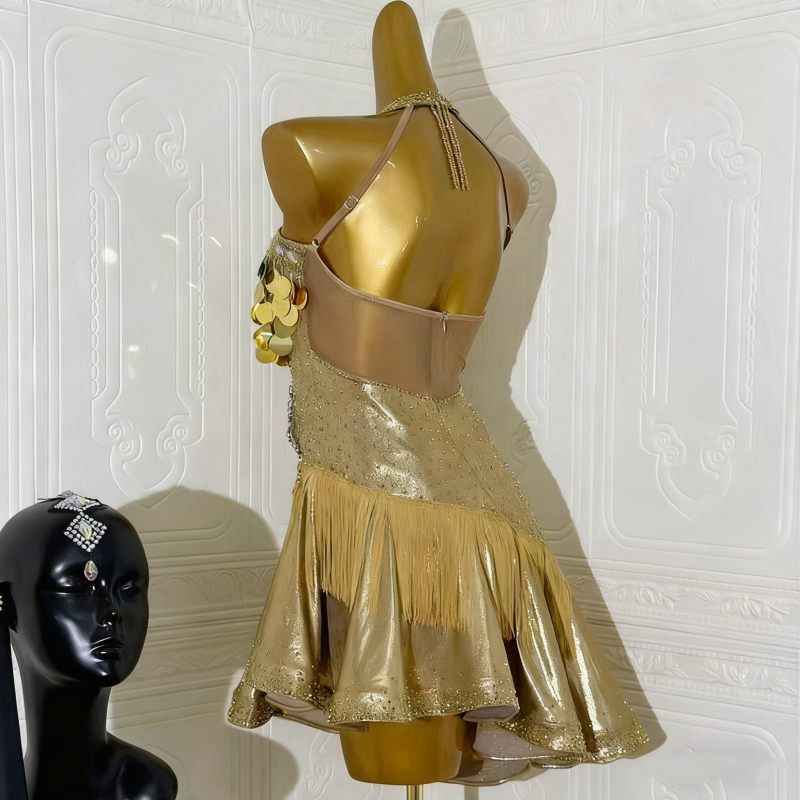 Custom Size Gold Bling Latin Dance Dresses for Women Girls Salsa Rumba Chacha Ballroom Dance Costumes