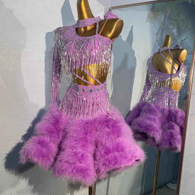 Custom Size Purple Fether Competition Latin Dance Dresses for Womn Girls Salsa Rumba Chacha Performance Costumes