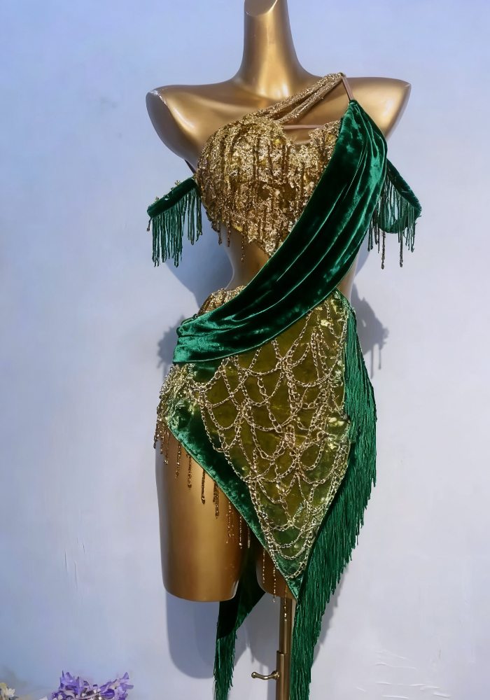 Custom Size Dark Green & Gold Latin Dance Dresses Suspender Design Professional Cha Cha Outfits for Adults