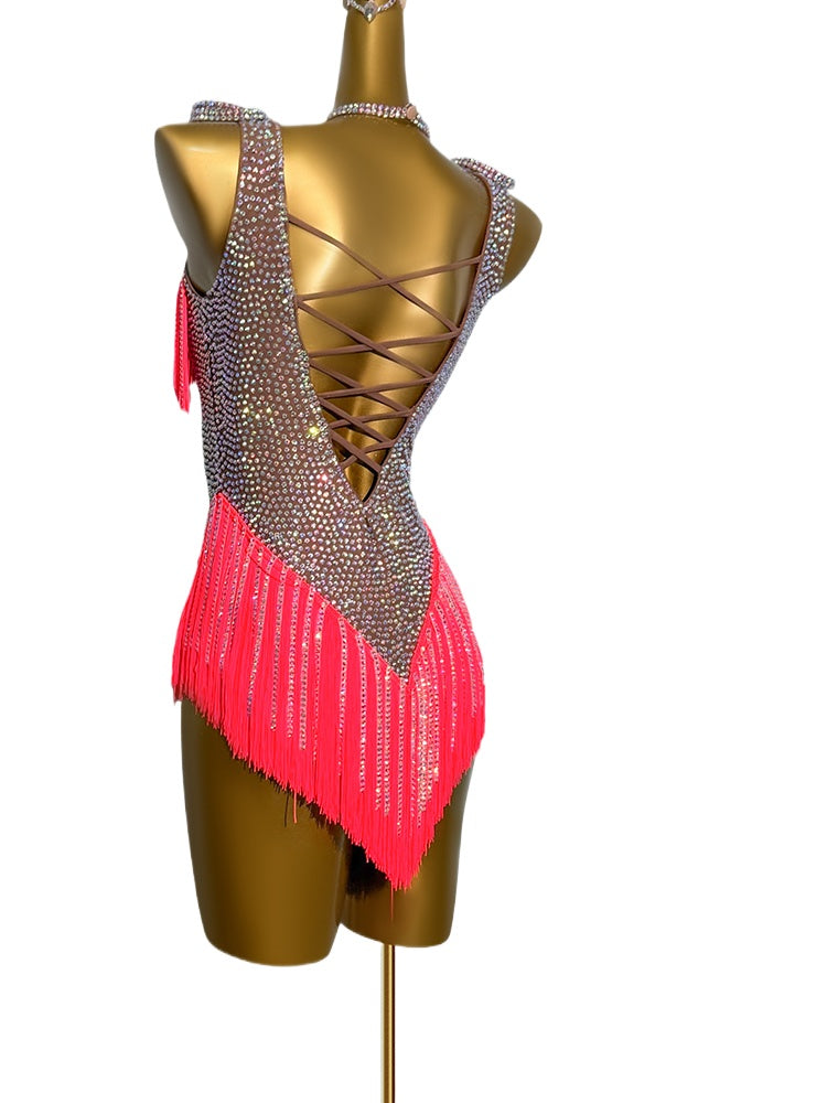 Custom Size Gemstones Red Fringe Latin Dance Dresses for Women Girls Salsa Rumba Chacha Performance Skirts - Moderndancedress.com