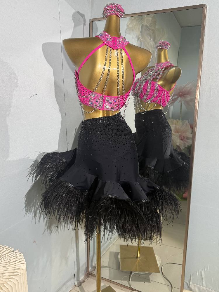 Custom Size Fuchsia with Black Competition Latin Dance Dresses for Women Girls Feather Salsa Rumba Chacha Dance Costumes