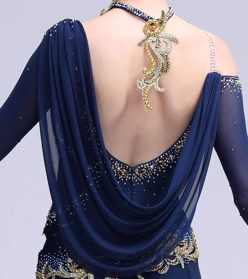 Custom Size Women's Ballroom Dance Dresses Navy with Gold Diamond Waltz Tango Rhythm Dance Gown - Moderndancedress.com