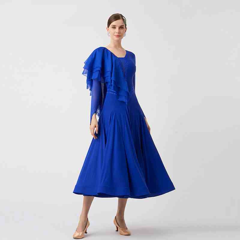 Custom Size Royal Blue Ballroom Dance Dresses Ruffles Neck Smoth Waltz Tango Dance Long Gown