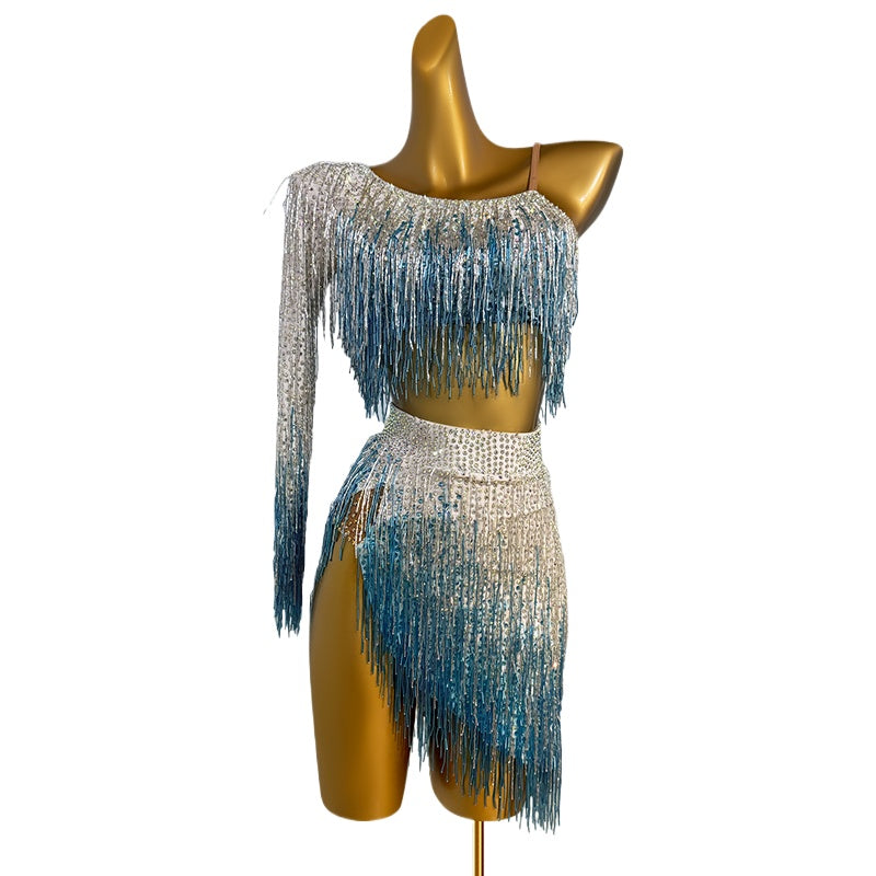 Custom Size Blue Gradient Fringe Competition Latin Dance Dresses for Women Girls One Shoulder - Moderndancedress.com