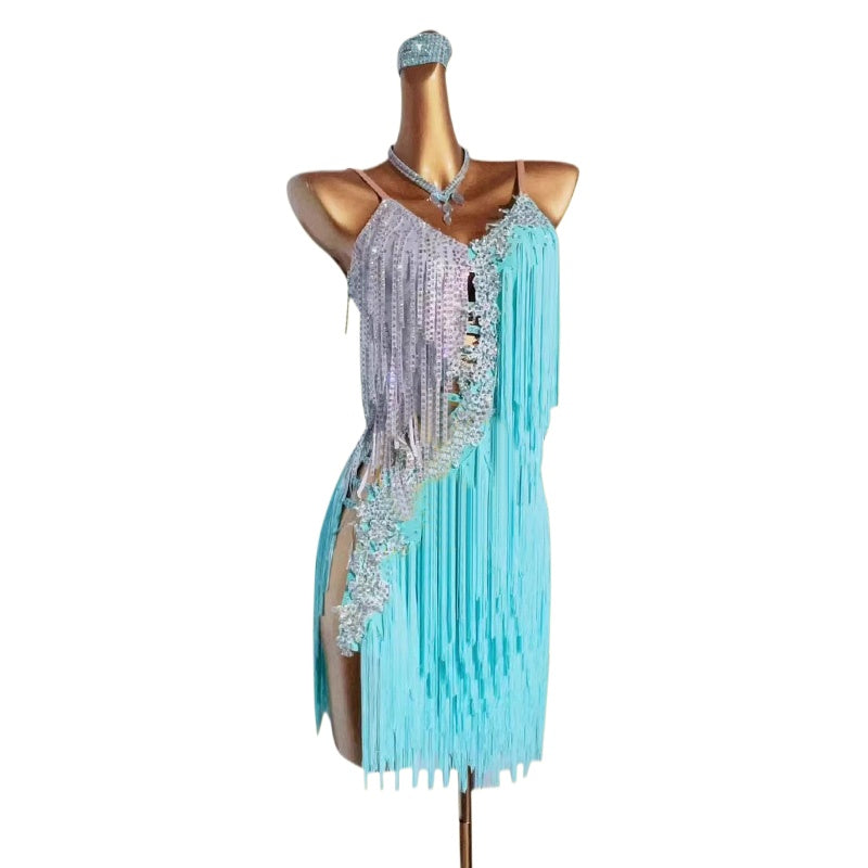 Custom Size Turquoise Blue Competition Latin Dance Dresses for Women Girls Crystal Fringe Salsa Rumba Chacha Dancewear