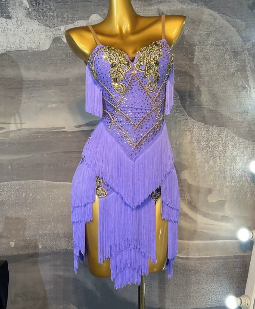 Custom Size Latin Dance Dress Spaghetti Strap Purple Gold Crystal Fringe Professional Salsa Ballroom Dance Gown