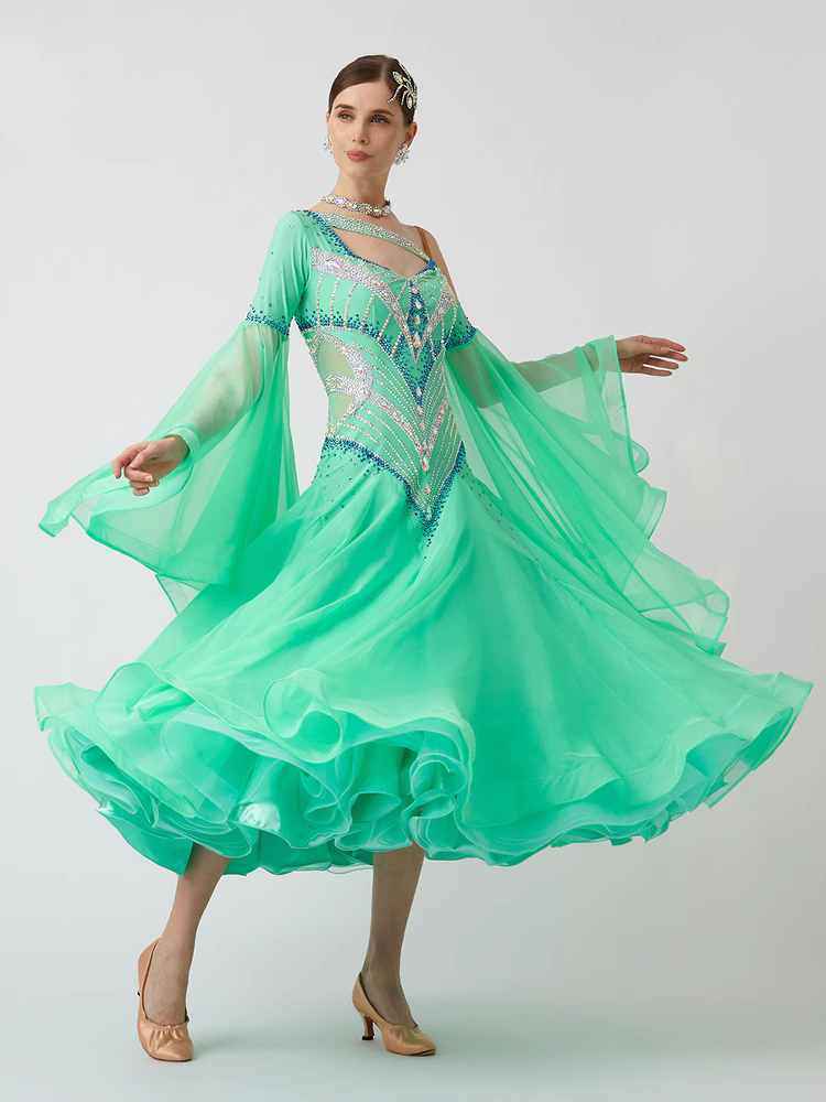 Custom Size Mint Green Crystal Competition Ballroom Dance Dresses for Women Slant Neck Waltz Tango  Rhyme Dance Long Gown