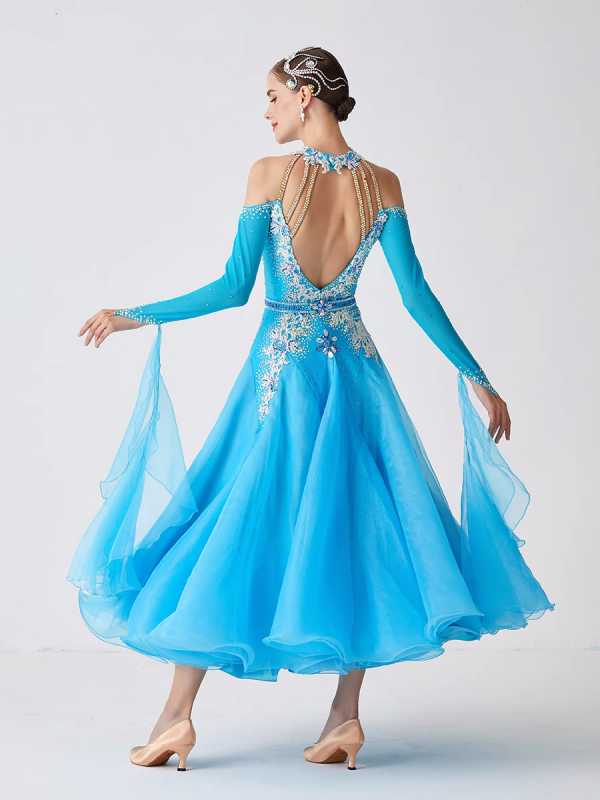 Custom Size Competition Ballroom Dance Dresses for Women Turquoise Color Hollow Shoulder Waltz Tango Foxtrot Rhythm National Dance Gown - Moderndancedress.com
