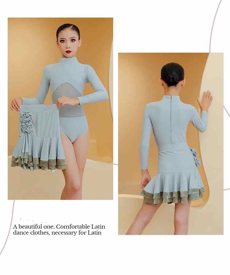 Grey Boneless Latin Dance Dresses for Girls Kids Flowers Long Sleeve Salsa Chacha Latin Ballroom Exam Competition Performance Skirt - Moderndancedress.com