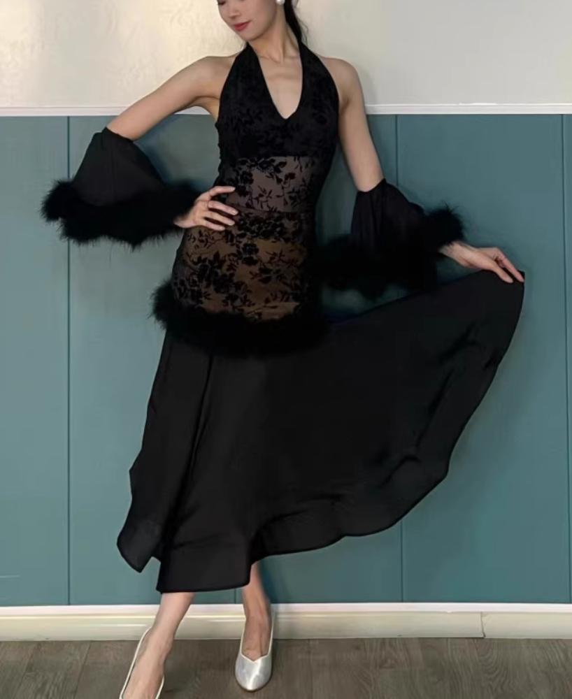 Women Ballroom Dance Dresses Black Red Navy Lace Halter Neck Waltz Tango Rhythm Competition Gown - Moderndancedress.com