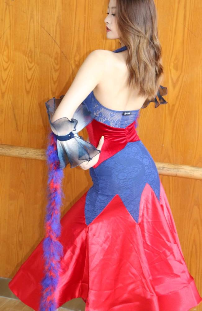 Navy Red Lace Feather Ballroom Dance Dresses for Women Girls Waltz Tango Modern Dance Costumes with Float Sleeves - Moderndancedress.com