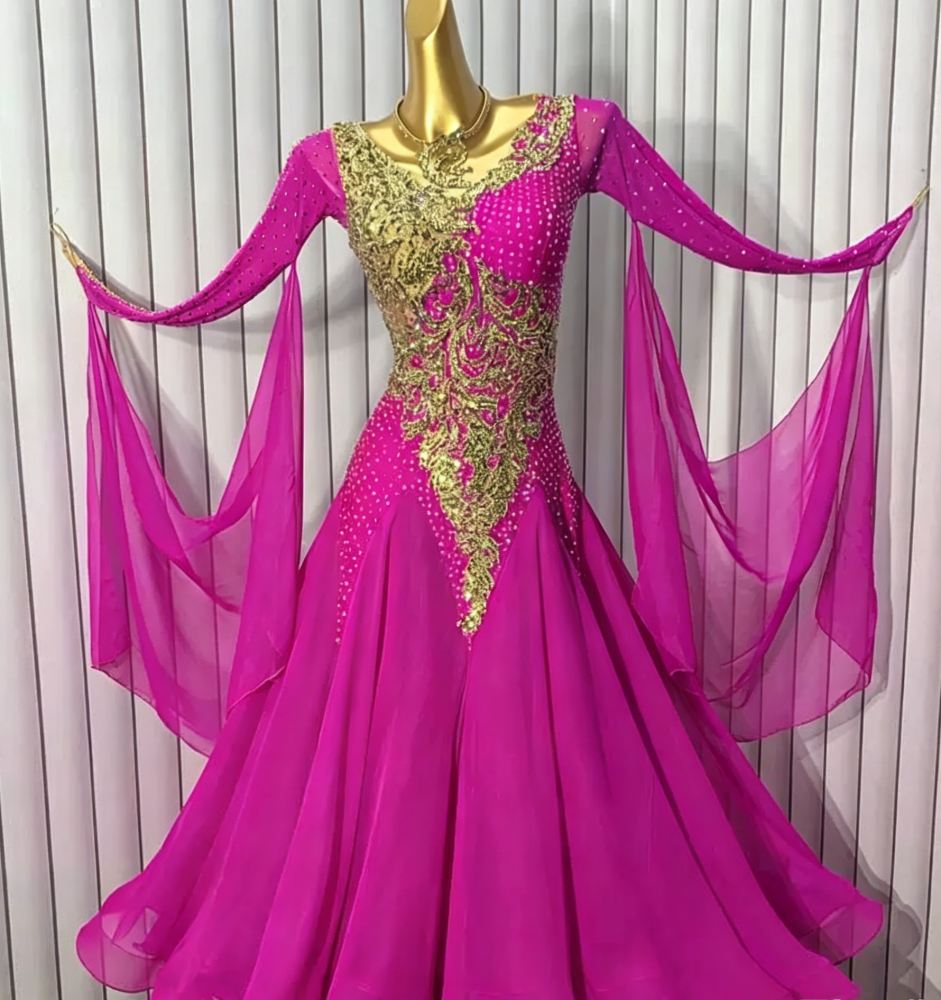 Customized Fuchsia with Gold Competition Ballroom Dance Dress Waltz Tango Foxtort Rhythm Dance Gown