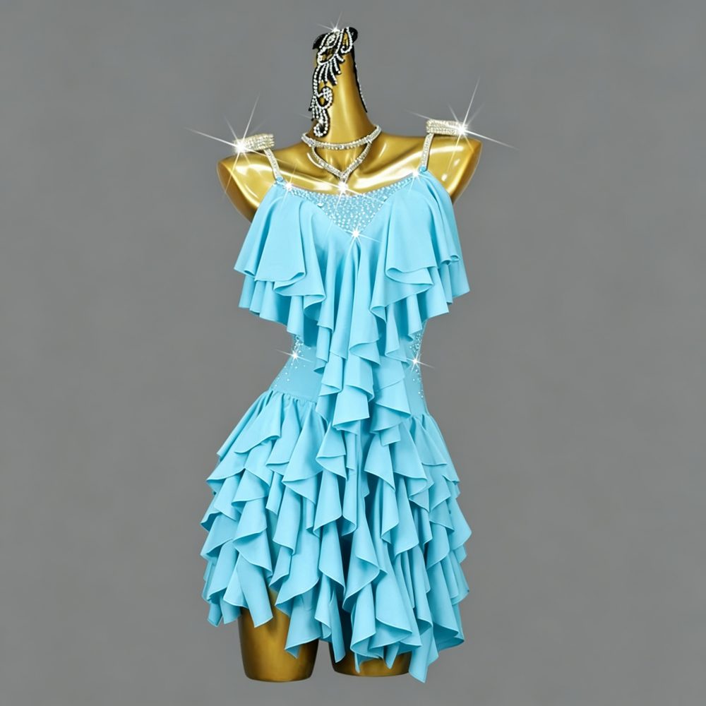 Sky Blue Ruffle Latin Dance Dress for Women - Luxury Rhinestone Strap Competition Costume