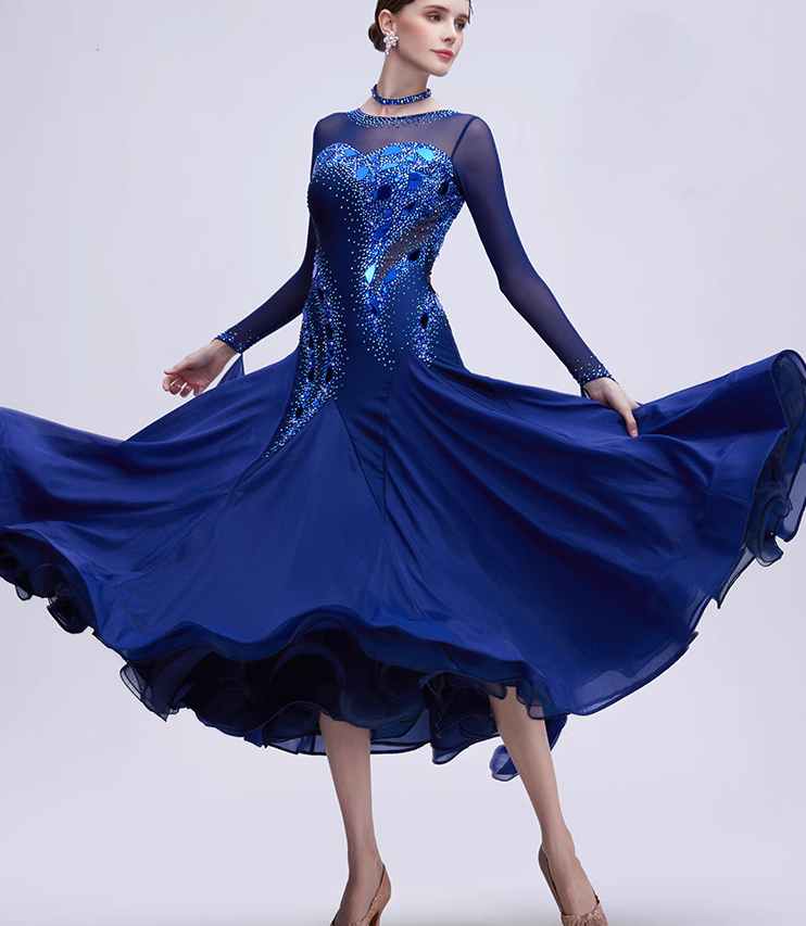 Custom Size Competition Ballroom Dance Dresses for Women Blue Standard Waltz Tango Performance Long Gown