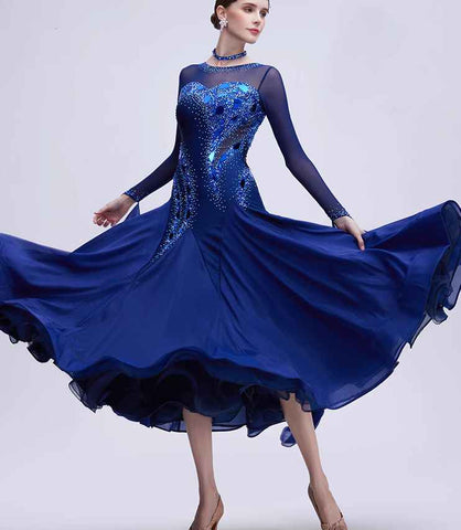 Custom Size Competition Ballroom Dance Dresses for Women Blue Standard Waltz Tango Performance Long Gown