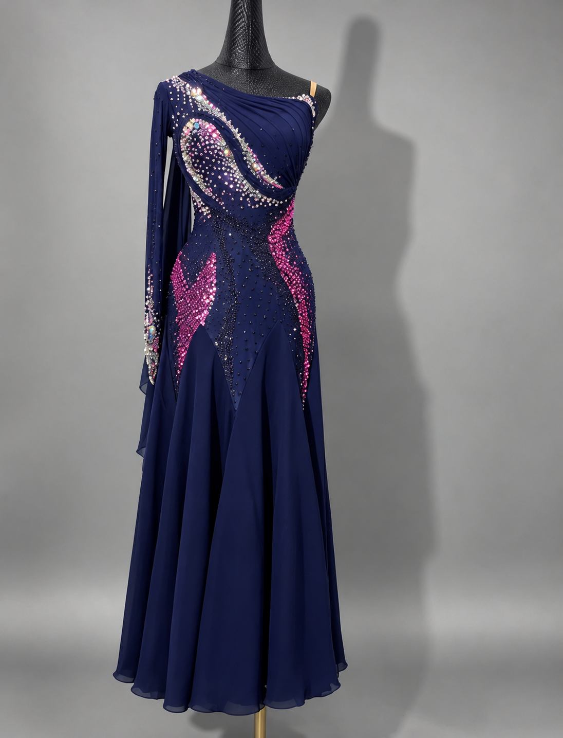 Custom Navy Blue American Smooth Dress Modern Ballroom Competition Gown Pink Rhinestones