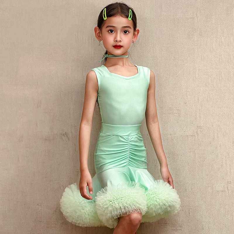 Girls Mint Green Latin Dance Dress - Fluffy Ruffle Performance Wear