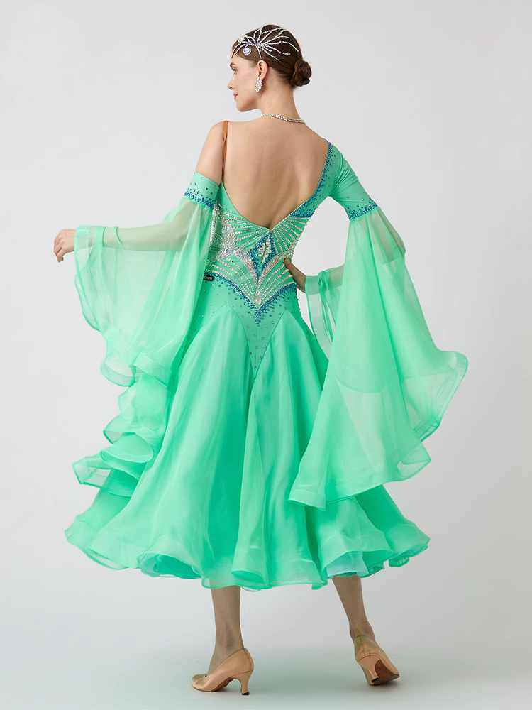 Custom Size Mint Green Crystal Competition Ballroom Dance Dresses for Women Slant Neck Waltz Tango  Rhyme Dance Long Gown
