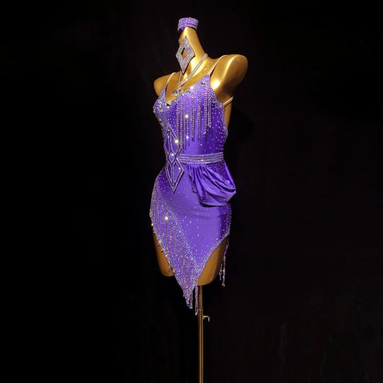 Custom Size Violet Fuchsia Competition Latin Dance Crystal Fringe Inclined Skirt Salsa Chacha Dance Wear