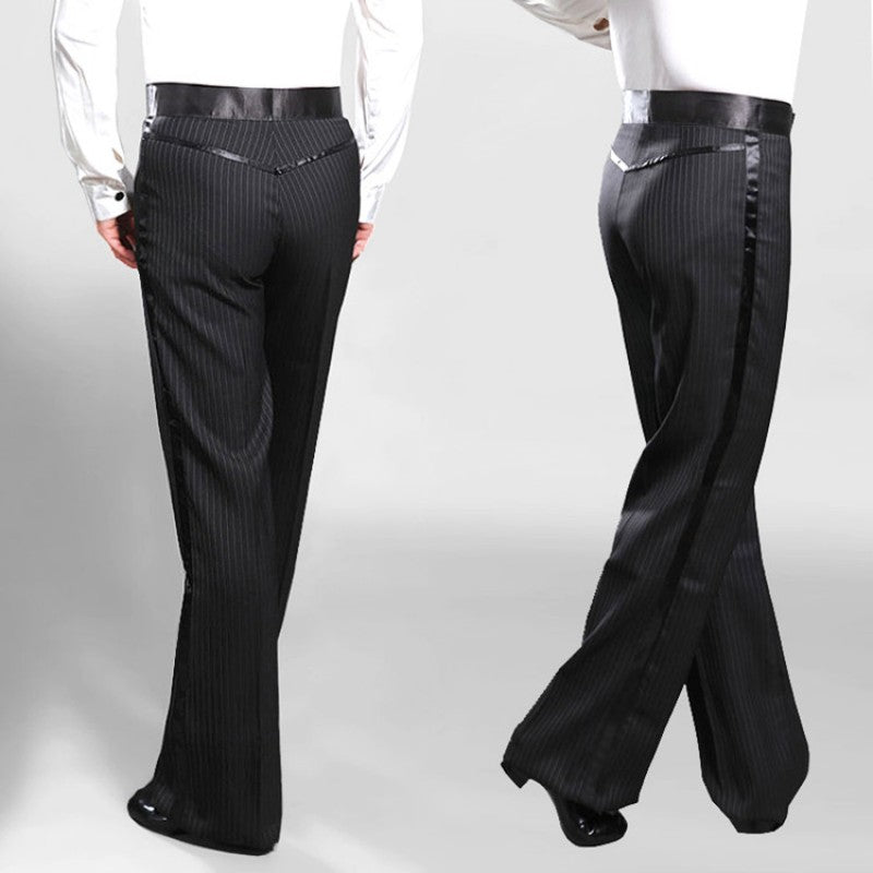 Men's Black Striped Wide Leg Ballroom Dance Pants with Side Ribbon