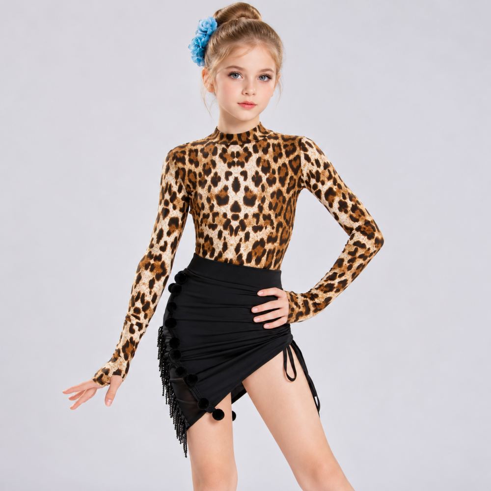 Girls Leopard Print Latin Dance Dress Kids Salsa Two-Piece Long Sleeve Performance Costume