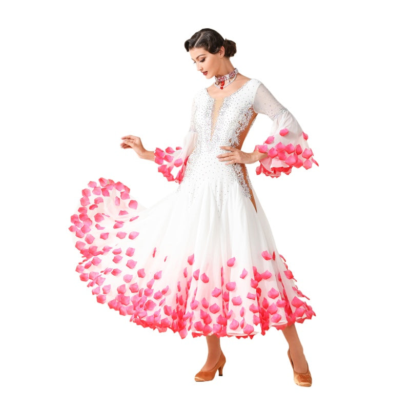 Custom Size Women Competition Ballroom Dance Dresses Pink Petals Waltz Tango Dancing Costumes Long Gown - Moderndancedress.com