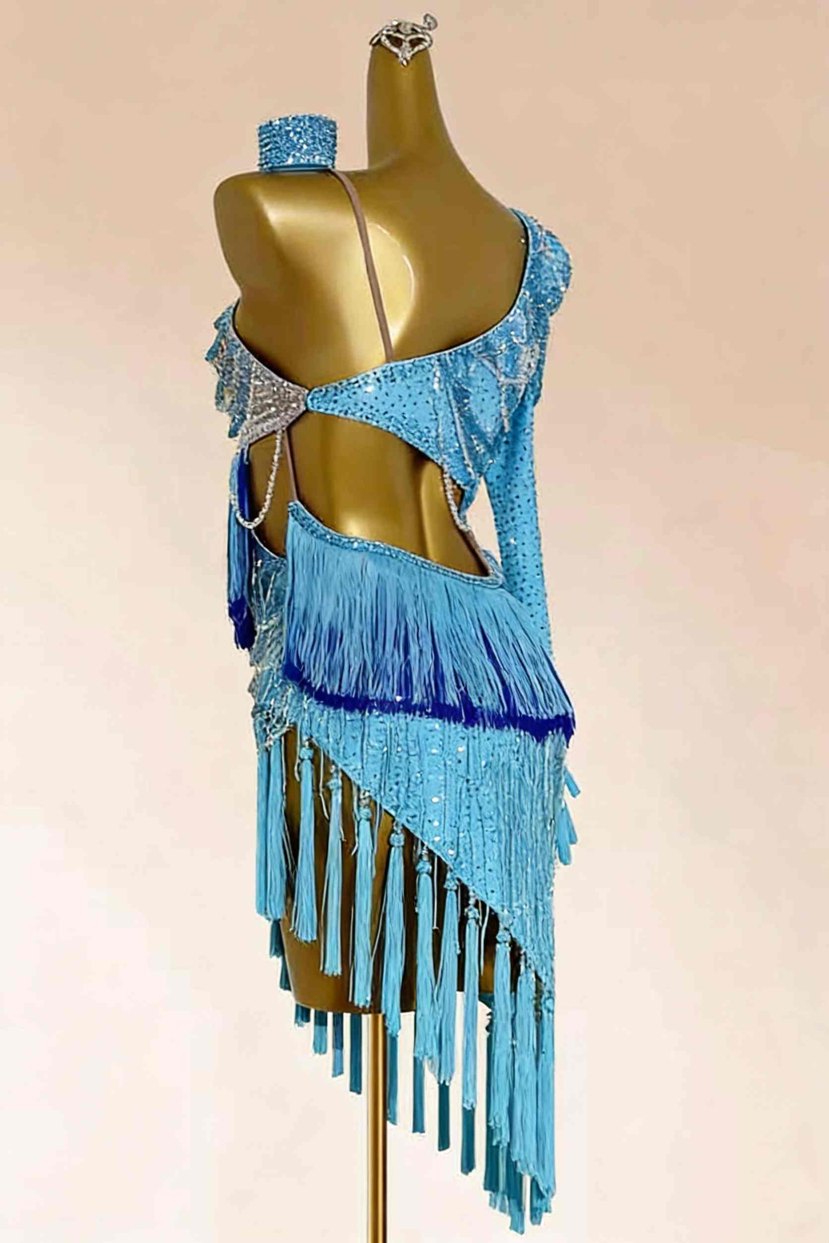 Custom Size One Shoulder Blue Latin Dance Dress Salsa Chacha Black Pool Competition Clothes