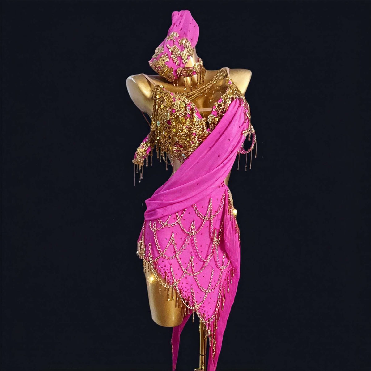 Custom Sparkly Fuchsia Competition Latin Dress Salsa Rhythm Costume Gold Chains Fringe