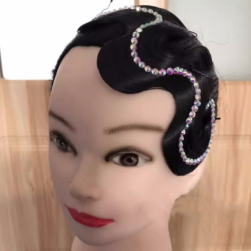 Latin Ballroom dance Competition headdress for adult kids wave bang bling rhinestone headpiece national ballroom dance wig hair accessories - Moderndancedress.com
