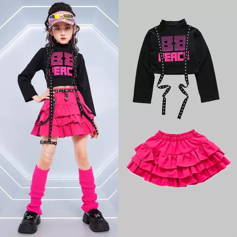 Girls Jazz Dance Costume K-Pop Dance Outfit | Black Crop Top & Pink Tiered Ruffle Skirt Set