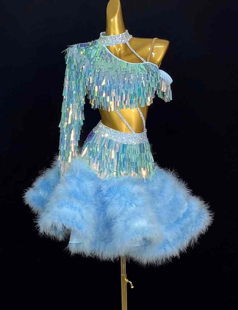 Custom Size Competition Latin Dance Dresses for Women One Shoulder Feather Salsa Rumba Chacha Performance Dance Costumes