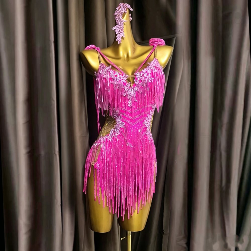 Custom Size Fuchsia Latin Dance Dress Flowers Fringe Salsa Blackpool Competition Costume