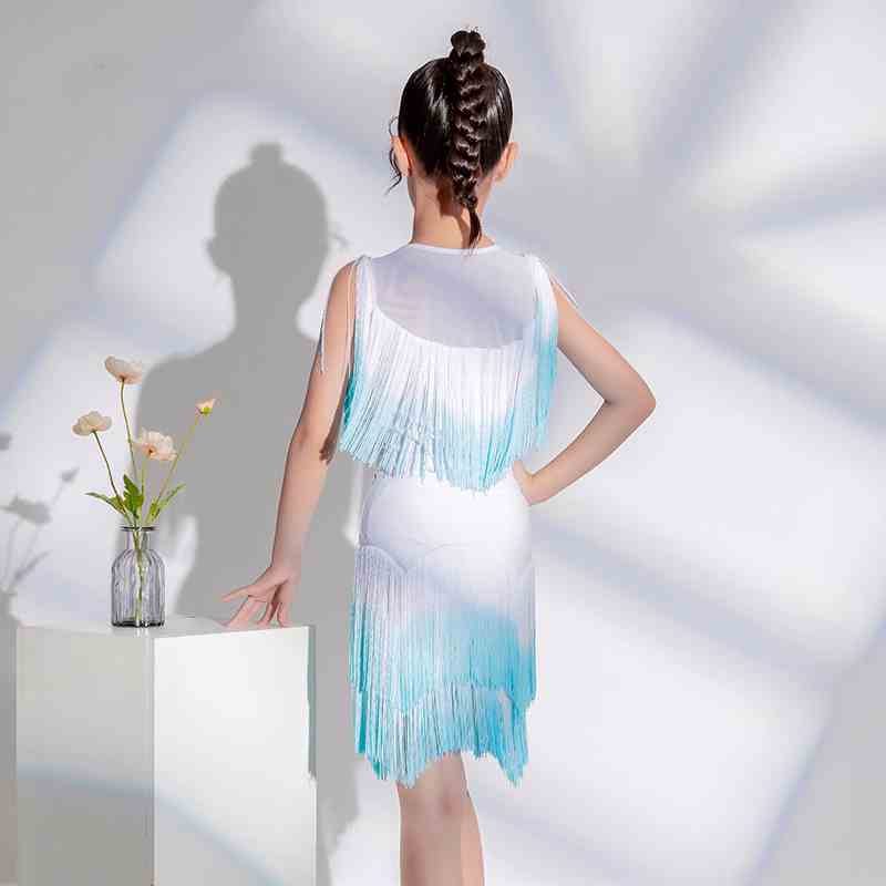 Blue Gradient Fringe Competition Latin Dance Dresses for Kids Girls Children Professional Ballroom Salsa Rumba Chacha Dance Outfits for Children - Moderndancedress.com