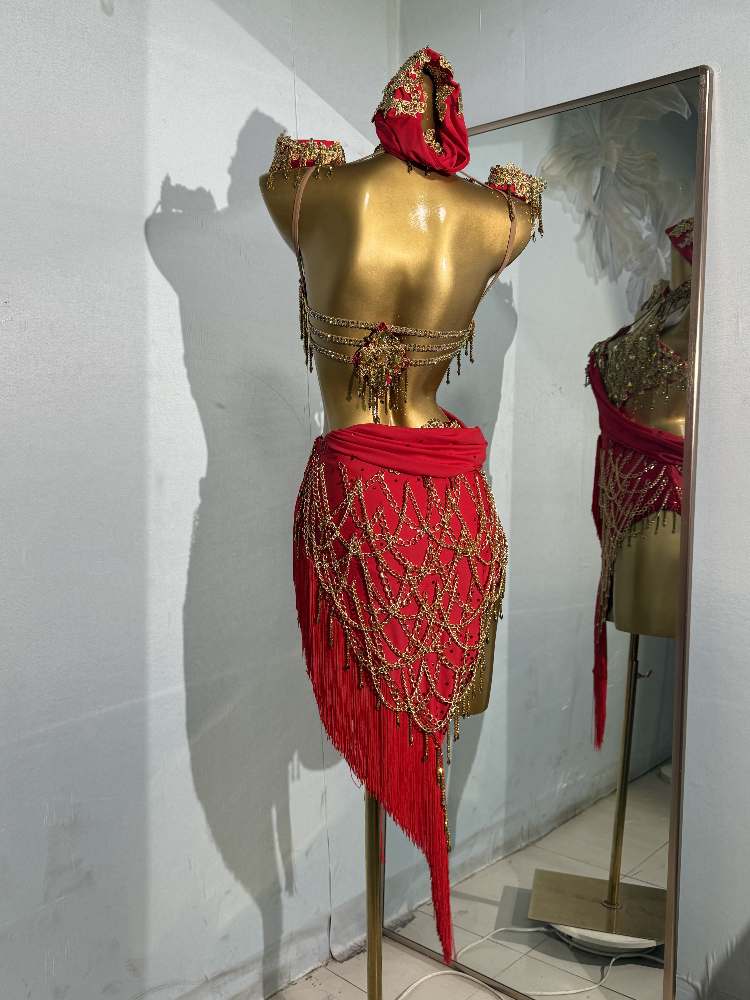 Custom Size Dark Green Red Gold Stones Competition Latin Dance Dresses Salsa Rumba Chacha Dance Wear for Women - Moderndancedress.com