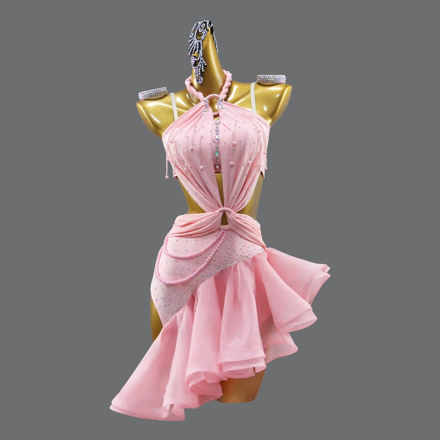 Custom Size Fuchsia Competition Latin Dress for Girls Halter Neck Salsa Blackpool Dance Wear