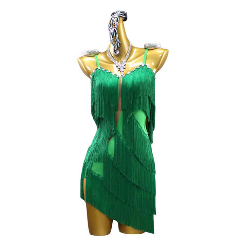 Green Fringe Latin Dance Competition Dresses for Girls Women Professional Performance Salsa Chacha Performance Clothing Art Test Clothes - Moderndancedress.com