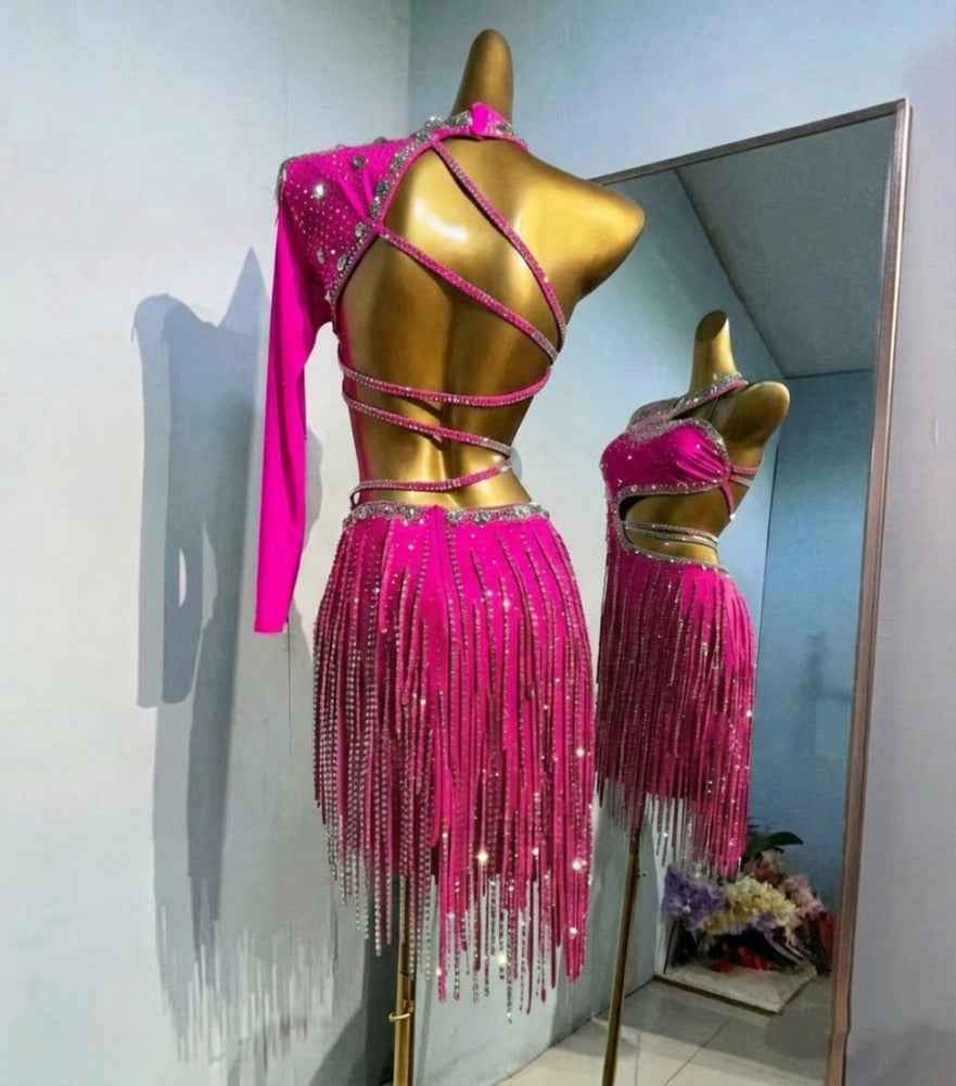 Custom Size Neon Hot Pink One Shoulder Latin Dance Dress