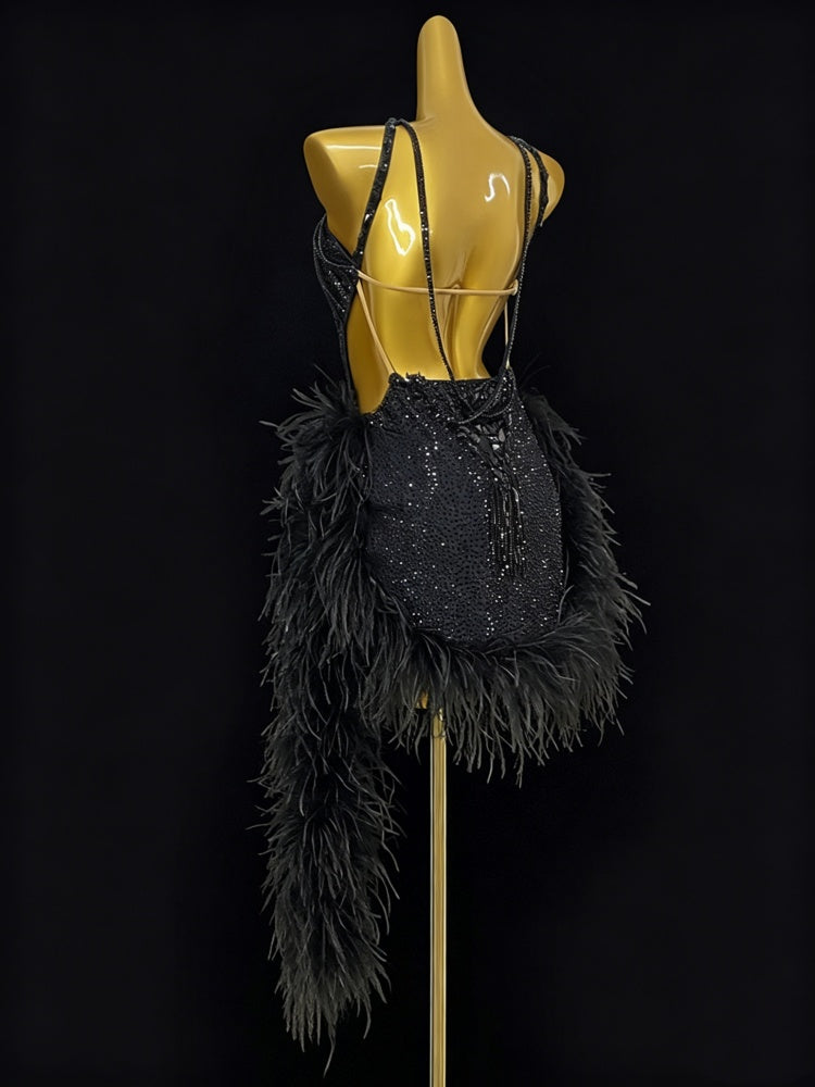Custom Size Black Ostrich Feather Latin Dress - Luxury Rhinestone Competition Wear