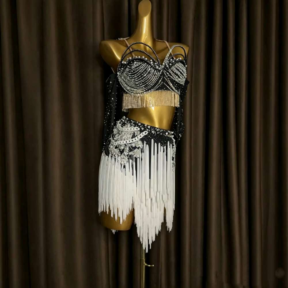 Custom Size Blue Fuchsia White Fringe Competition Latin Dance Dress Crystal Blackpool Dance Wear