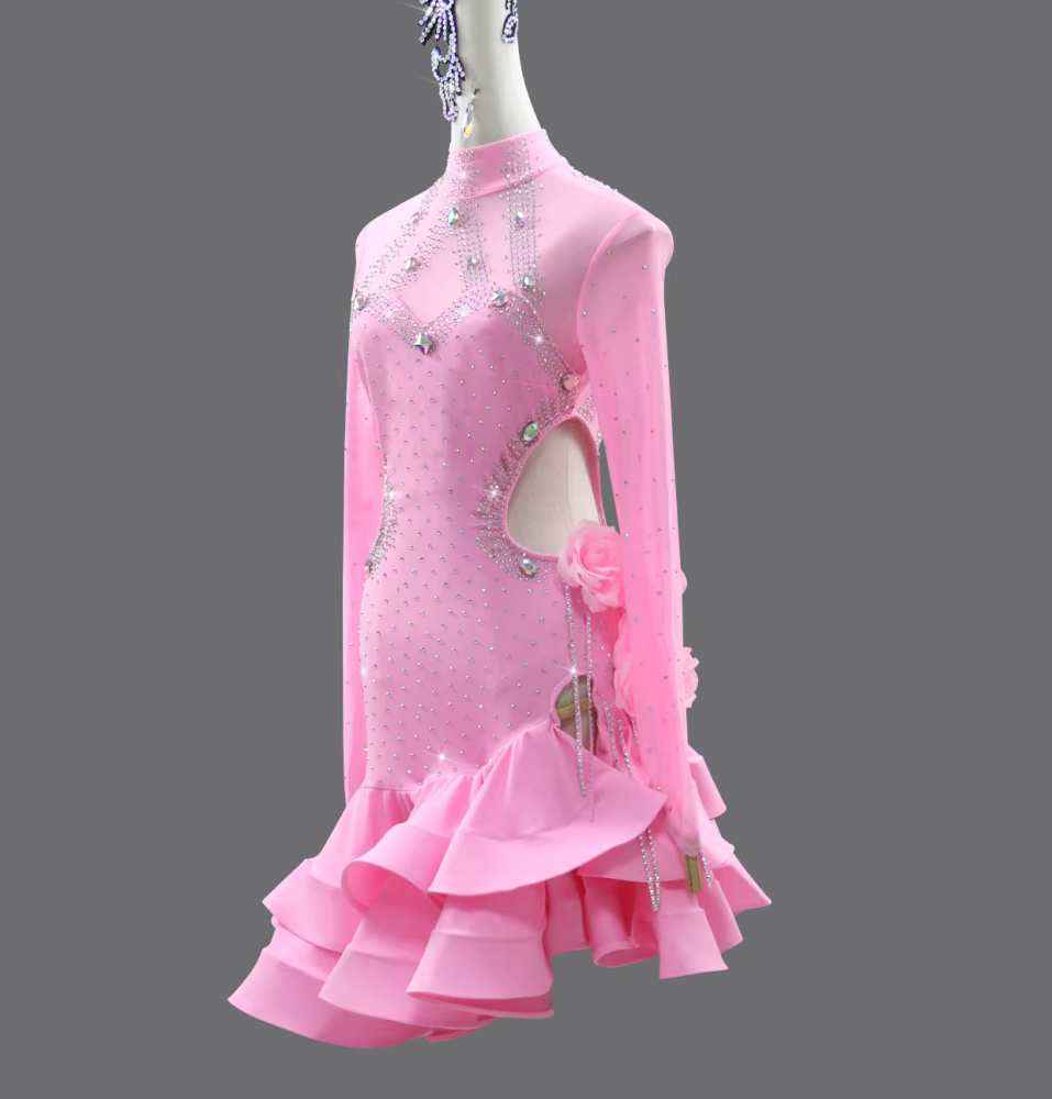 Custom Size Competition Girls Latin Dance Dresses Pink Flowers Latin Perform Costumes