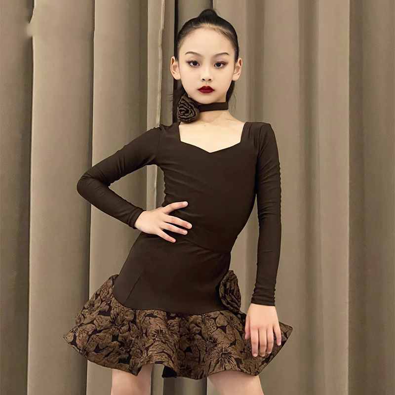 Latin dance Dresses for girls kids white pink lace irregular hem children's salsa rumba chacha performance outfits long sleeves for Children - Moderndancedress.com