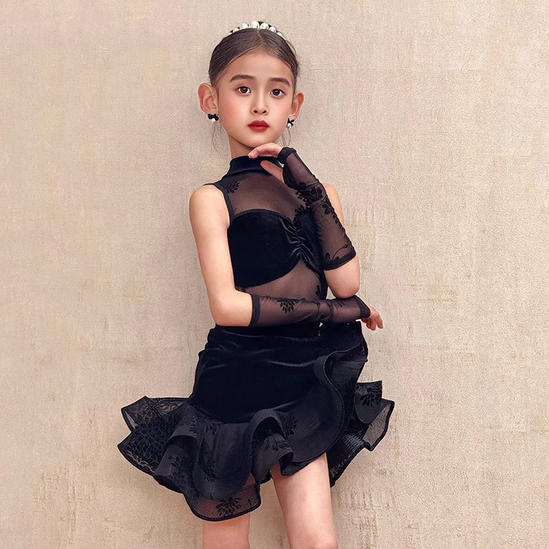 Blue Black Lace Girls Latin Dance Dresses Salsa Rumba Chacha Latin Dance Costumes for Children