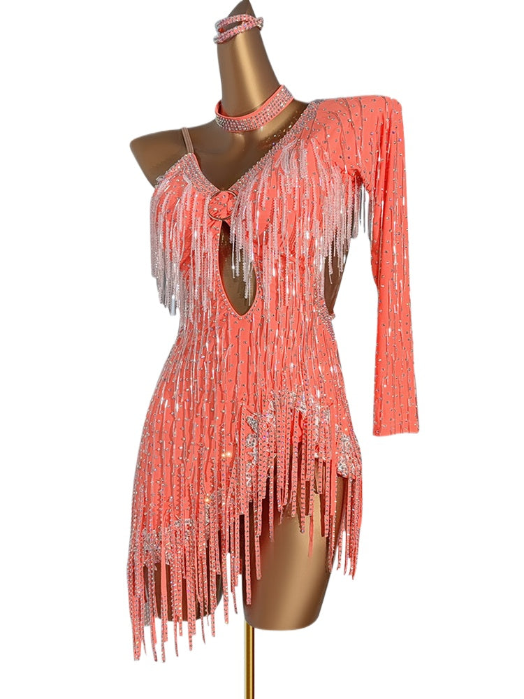 Custom Size Orange Pink Competition Fringe Latin Dance Dresses for Women Girls Salsa Rumba Blackpool Dance Wear - Moderndancedress.com
