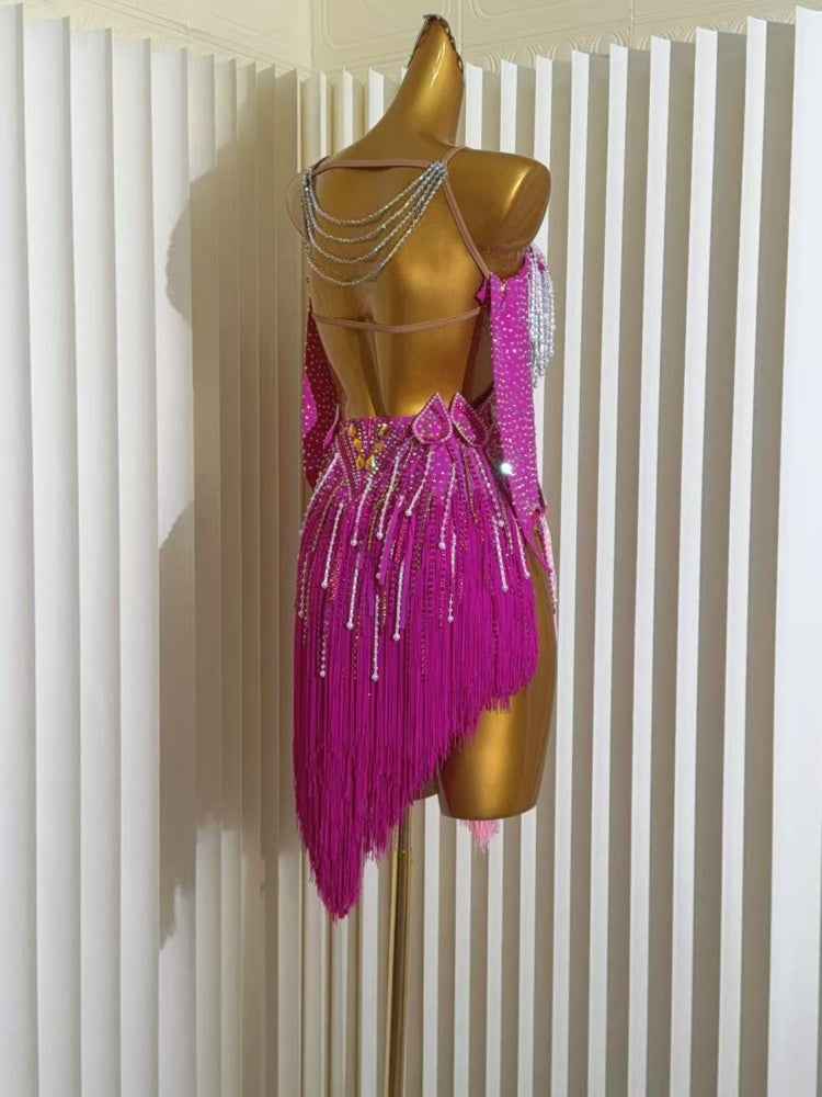 Customized Size Fuchsia Latin Dance Dress Salsa Cha Cha Dance Costumes