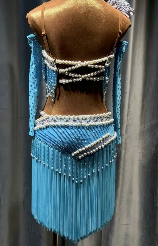 Custom Turquoise Latin Dance Dress with Crystals Competition Ballroom Salsa Blackpool Dance Wear